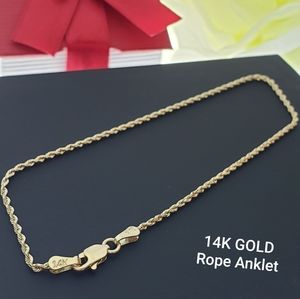 2.5mm 14K solid Gold Rope Anklets 9inches